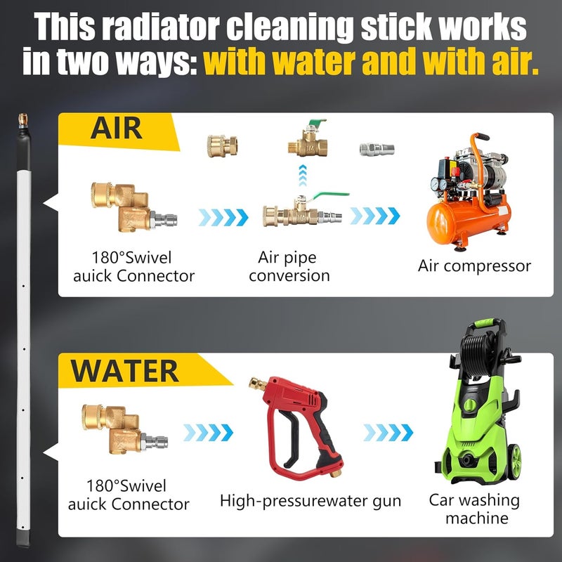 OSUTEER 24” Radiator Cleaning Wand - 4500 PSI Water & Air Dual-Use Tool for Pressure Washers. Includes 180° Fan Nozzle, Quick Connect Couplers & Brush for Cars, Trucks, Heavy Equipment - Image 4